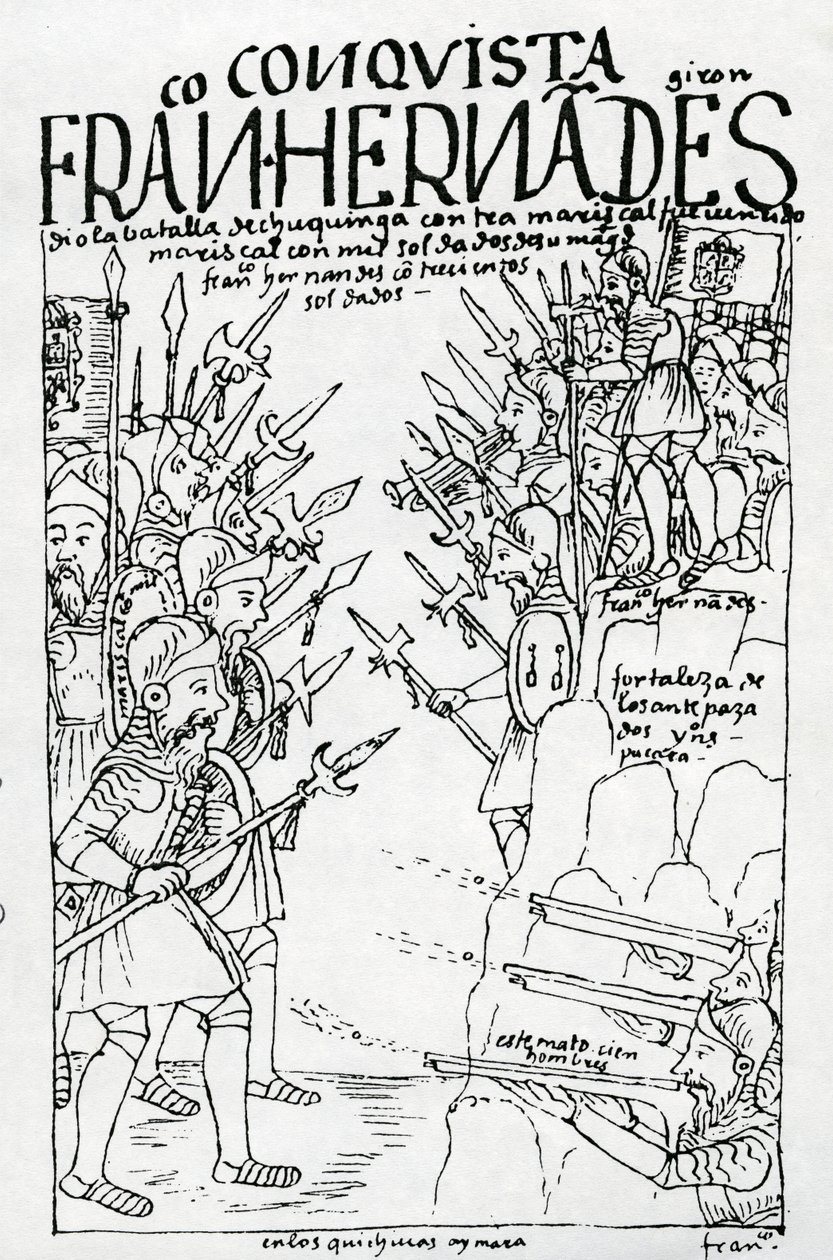 Les forces rebelles de Francisco Hernandez Giron battent les hommes du roi à la bataille de Chuquinga - Felipe Huaman Poma de Ayala