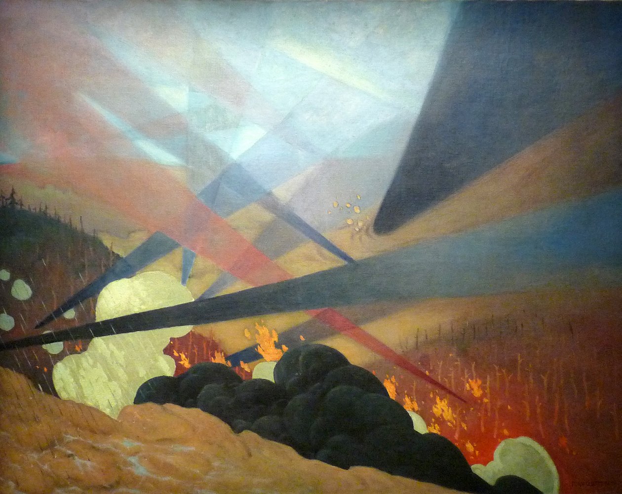Verdun, tableau de guerre interprété, projections colorées noires, bleues et rouges, terrains dévastés, nuées de gaz - Felix Edouard Vallotton