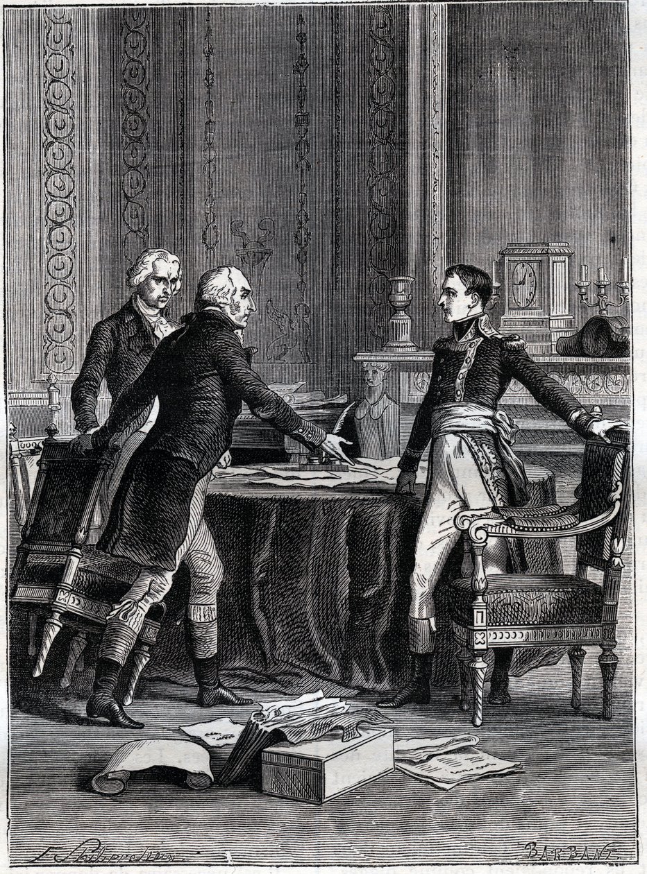 Première délibération des trois consuls au Palais du Luxembourg - Napoléon Bonaparte, Emmanuel Joseph Sieyès et Pierre Roger-Ducos 1799 - Gravure par Barbant, d