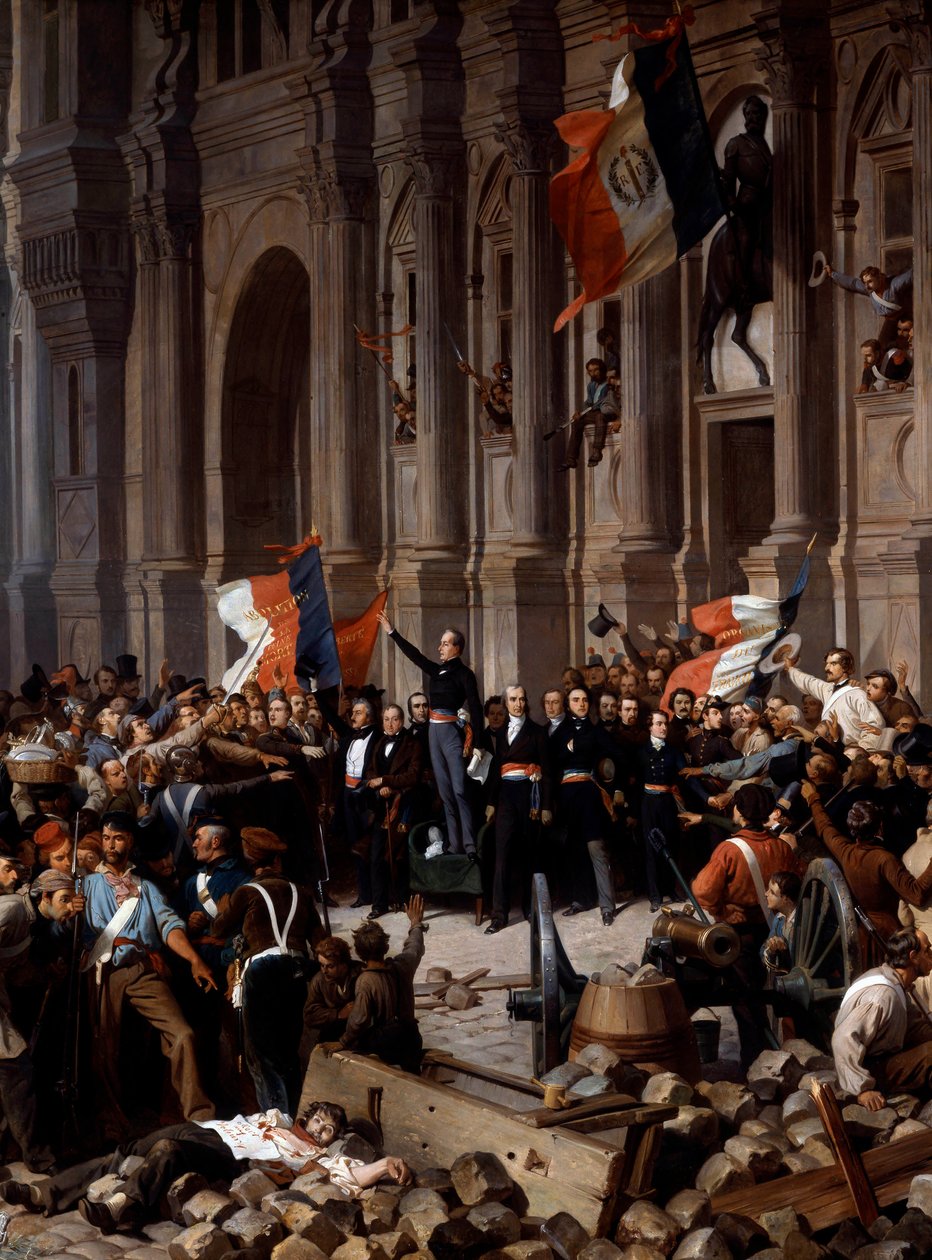 Révolution de 1848 : Alphonse de Lamartine (1790 - 1869), refusant le drapeau rouge pour le drapeau tricolore, à l