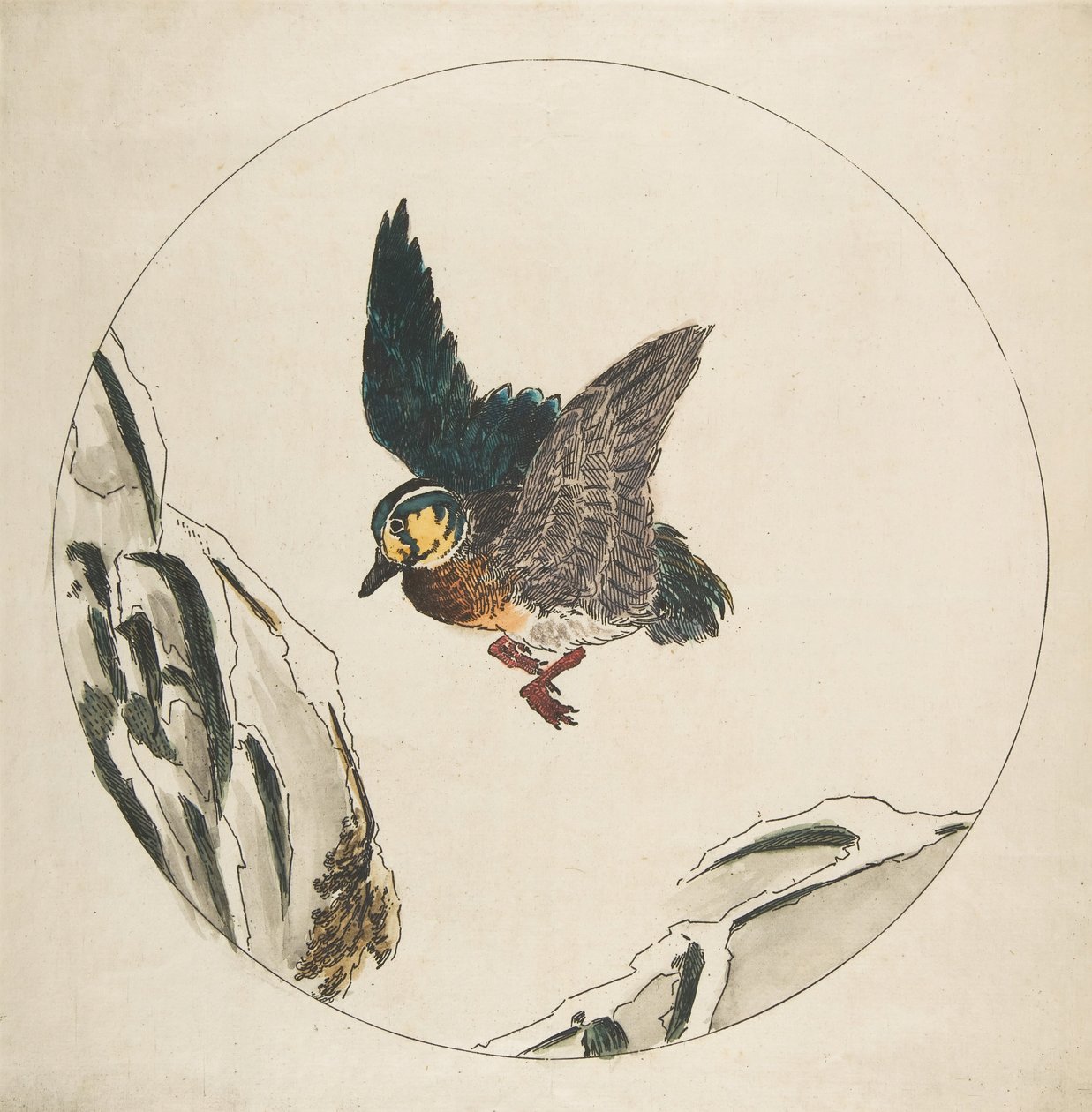 Décoration pour une assiette : Un canard volant au-dessus de branches enneigées, 1850-1914 - Felix Bracquemond