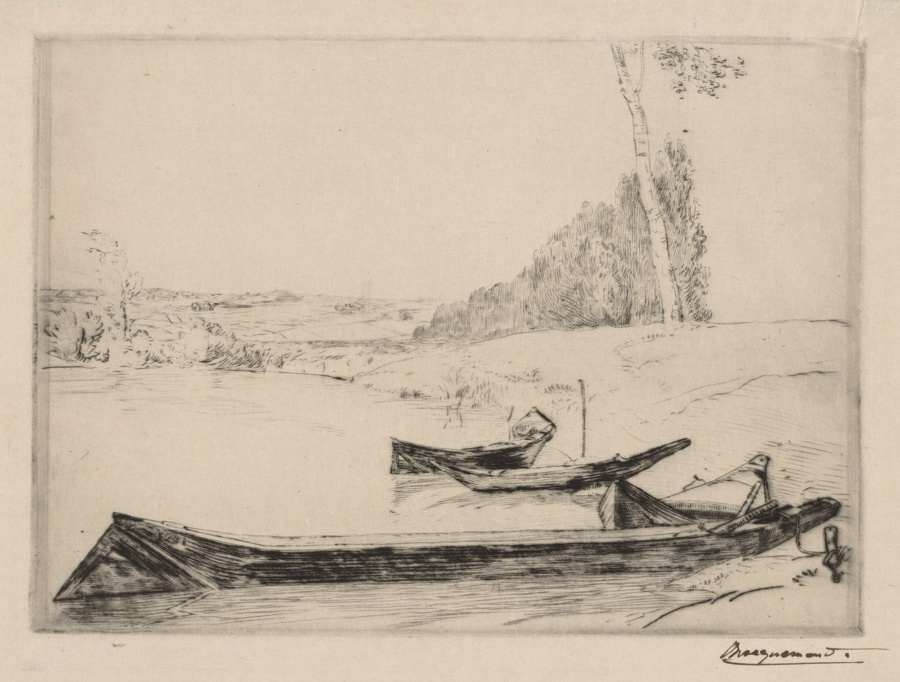 Petits bateaux de ferry sur les rives de la Seine - Felix Bracquemond