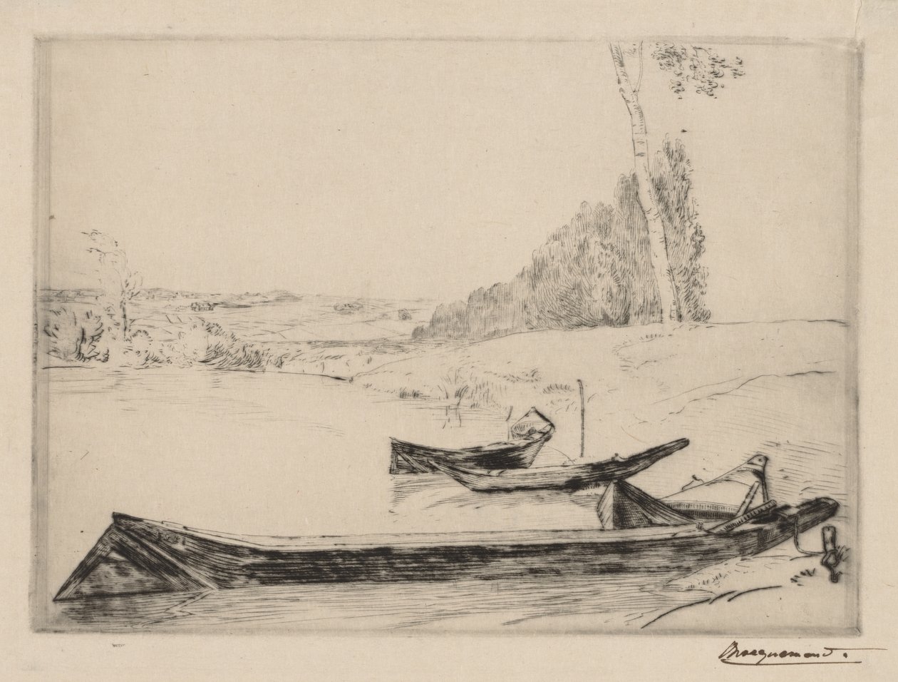 Petits bateaux de ferry sur les rives de la Seine, vers 1858 - Felix Bracquemond