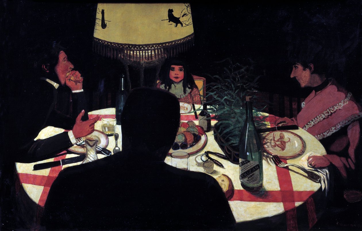 Dîner, effet de lampe. Représentation du peintre entourant sa femme et ses beaux enfants - Felix Edouard Vallotton