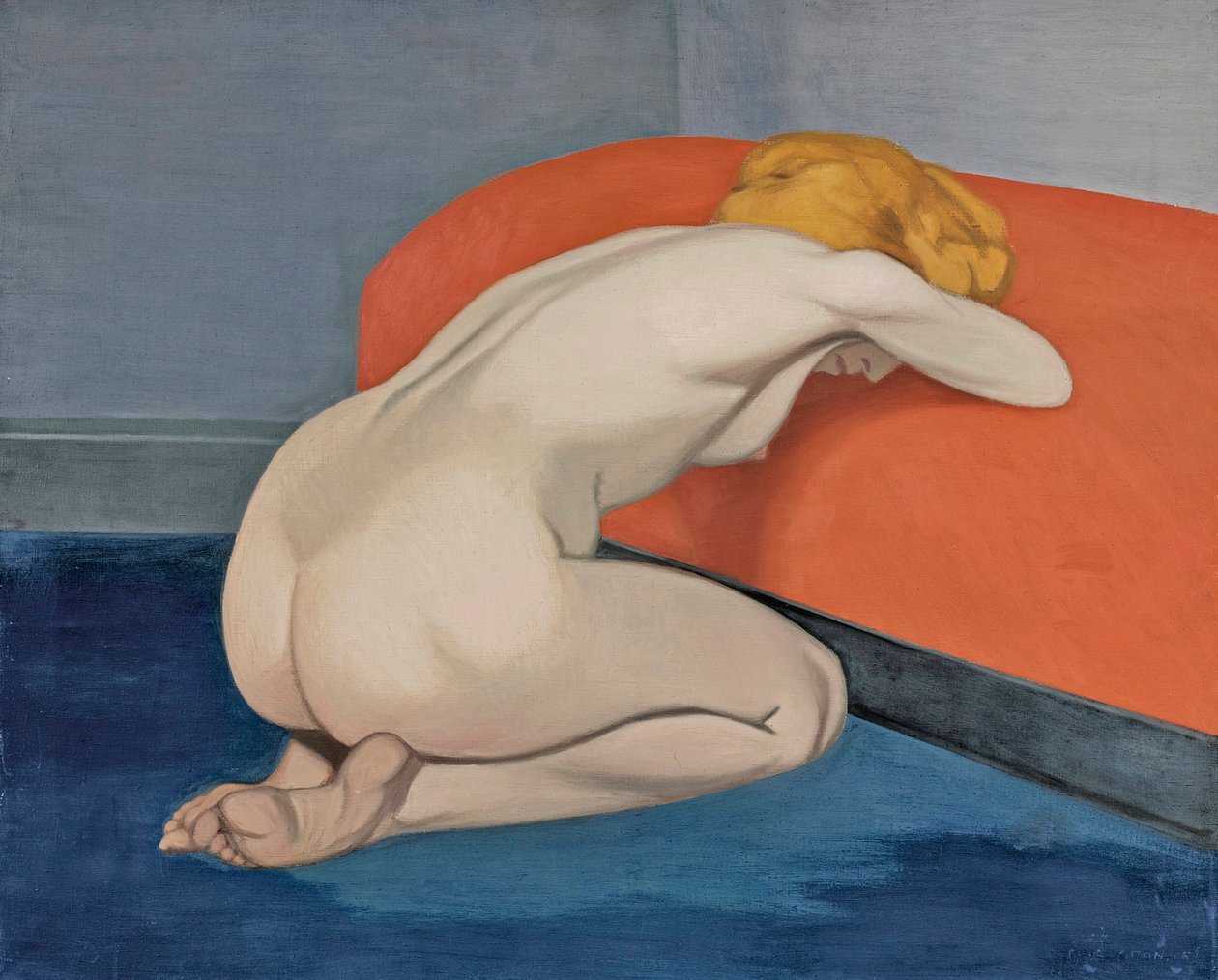 "Femme nue agenouillée devant un canapé rouge" - Felix Edouard Vallotton