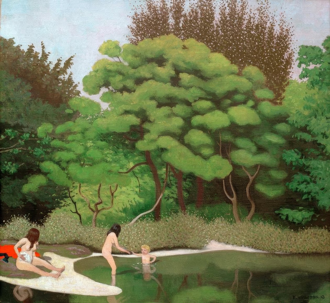 Paysage sous-bois ensoleillé, avec deux femmes et un enfant - Felix Edouard Vallotton