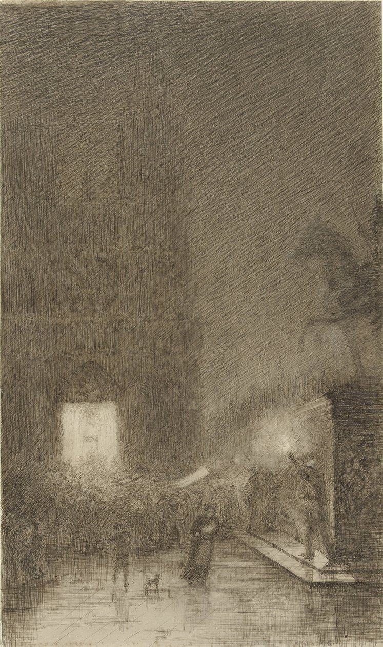 Rassemblement en soirée devant une cathédrale - Felix Hilaire Buhot