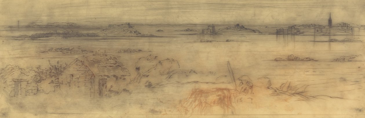 Paysage marin avec une ville fortifiée à droite, des îles à gauche et une chaumière au premier plan - Felix Hilaire Buhot