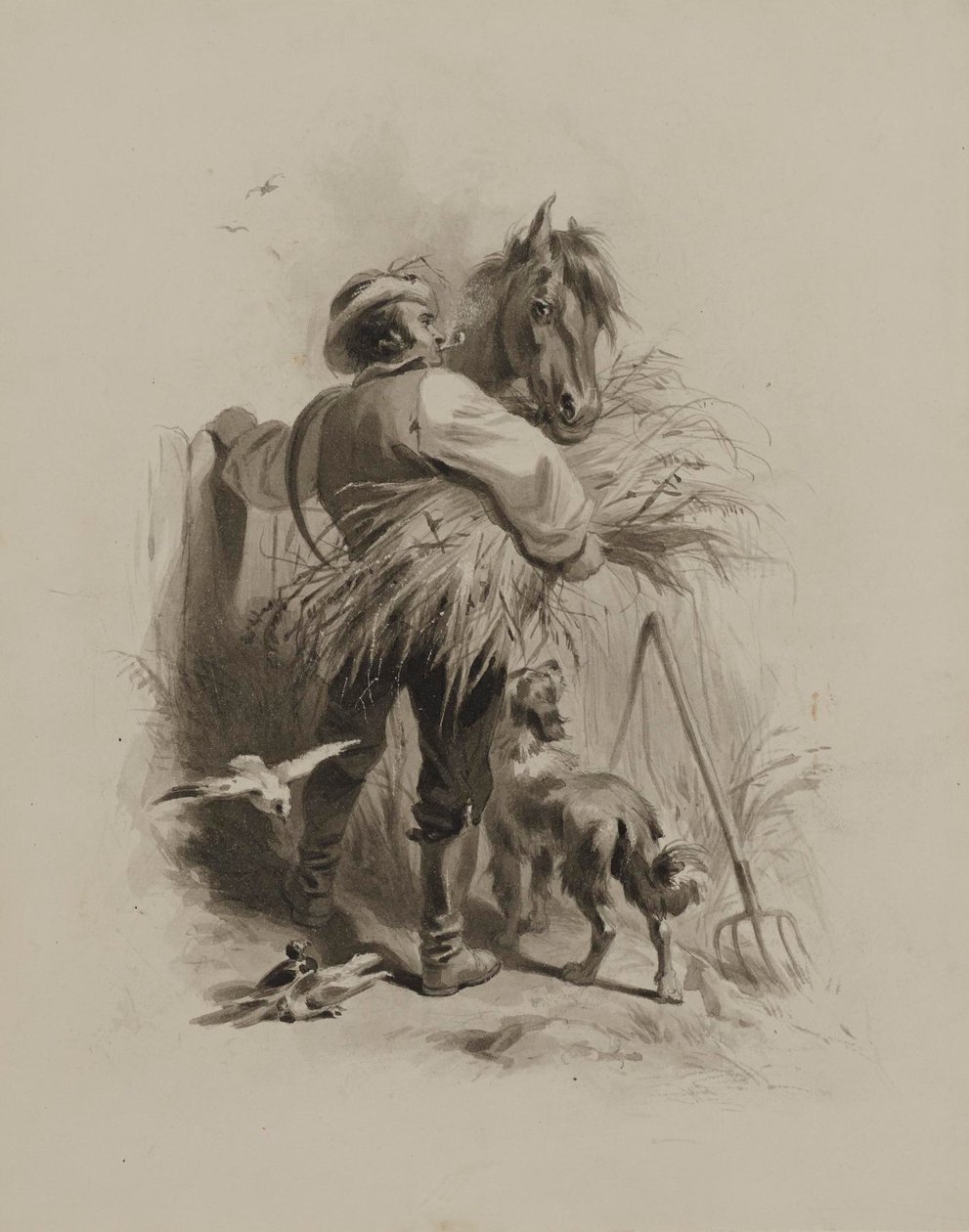 Fermier avec un cheval, un chien et des pigeons - Felix Octavius Carr Darley