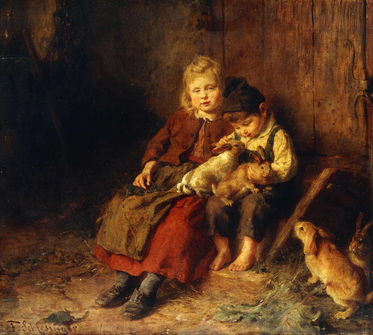 Deux enfants jouant avec des lapins - Felix Schlesinger