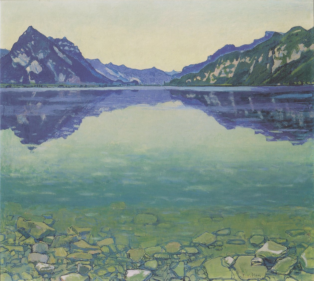 Lac de Thoune avec une symétrie miroir avant le lever du soleil - Ferdinand Hodler