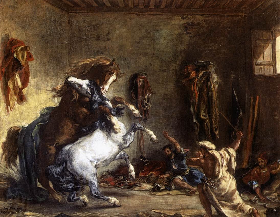 Chevaux arabes se battant dans une écurie - Ferdinand Victor Eugene Delacroix