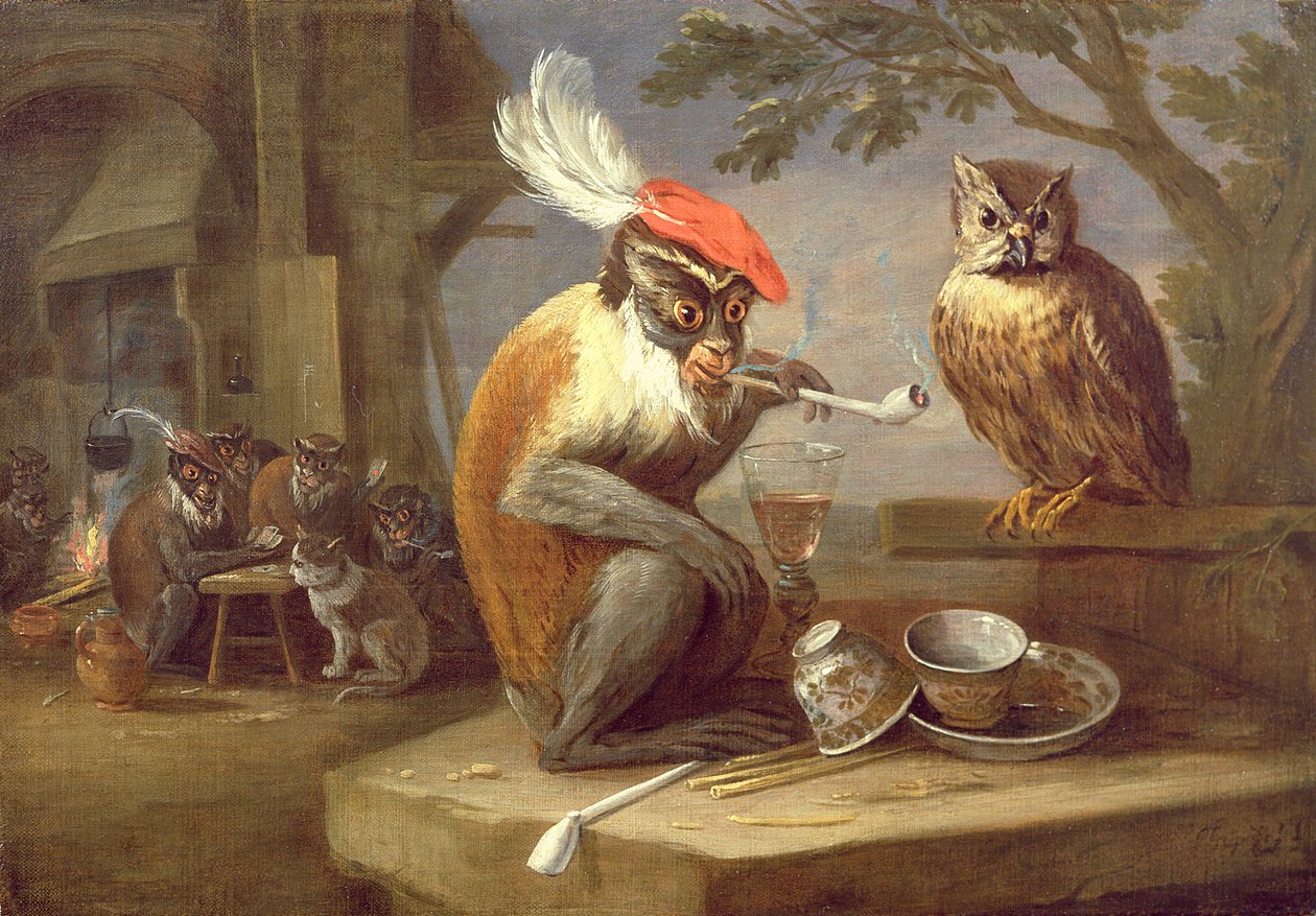 Un singe fumant et buvant avec une chouette - Ferdinand van Kessel