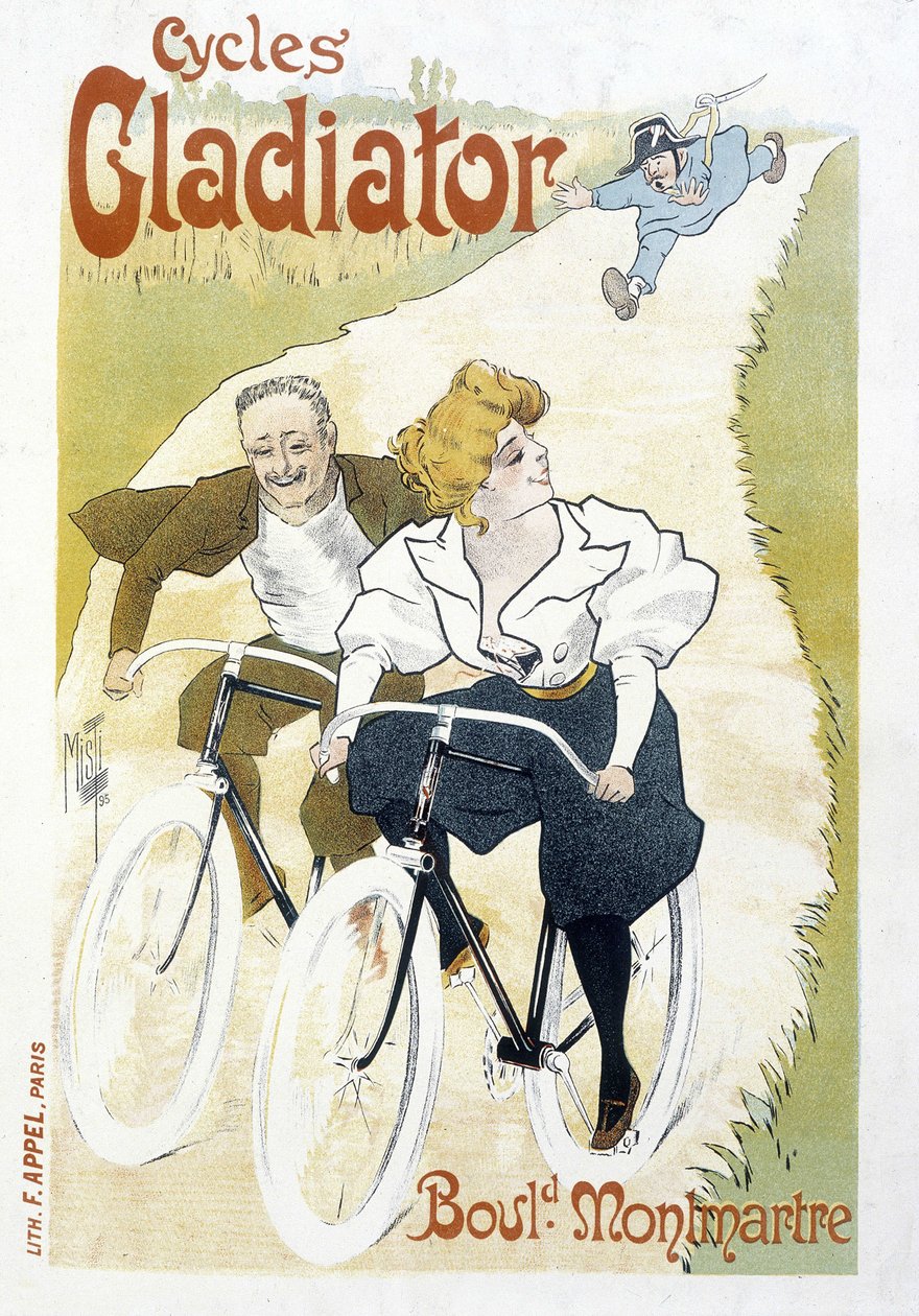 Couple à vélo poursuivi par un gendarme - Publicité pour les cycles Gladiator, par Misti, v.1895 - Ferdinand  Misti Mifliez