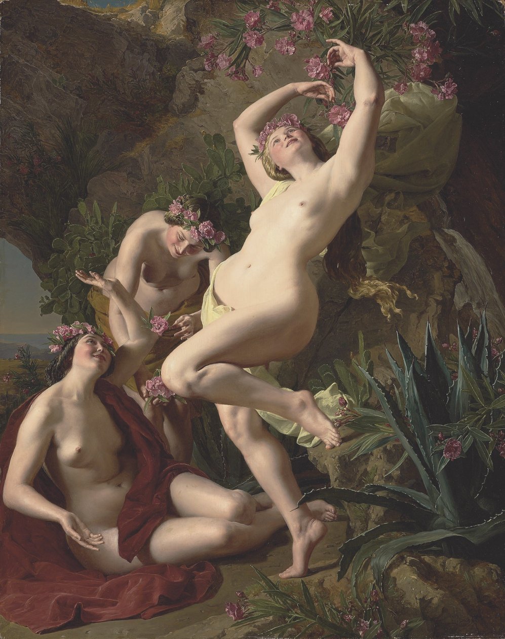 Allemand : Die drei Nymphen des Homer Trois grâces ornées de roses - Ferdinand Georg Waldmuller