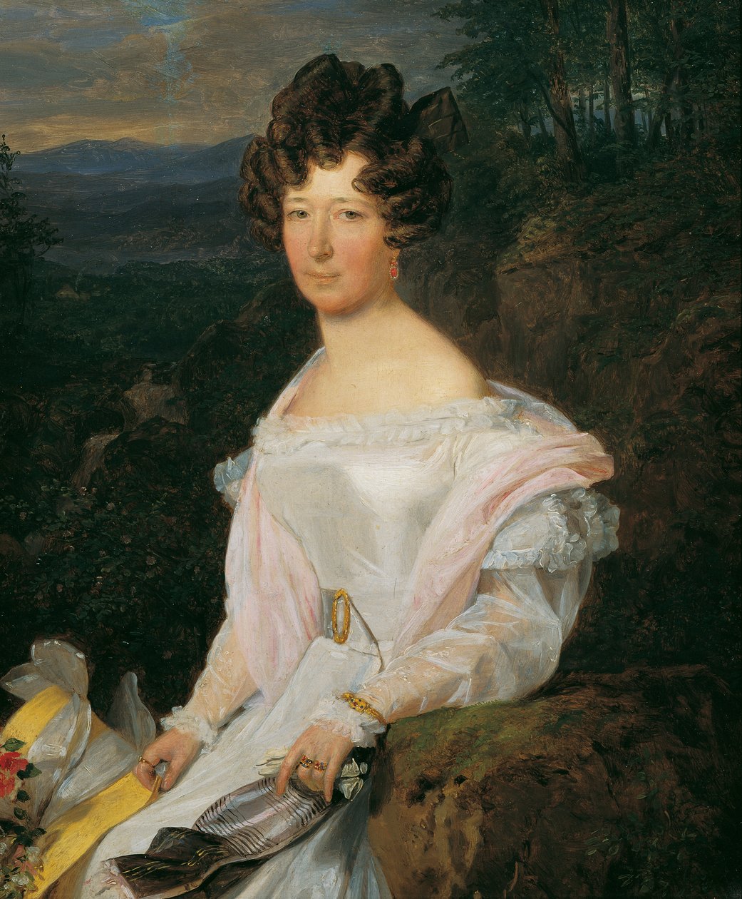 Dame en robe blanche devant un paysage de la forêt viennoise - Ferdinand Georg Waldmuller