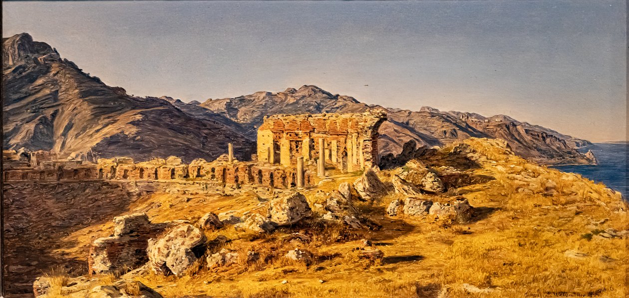 Les ruines du théâtre grec de Taormina, vers le détroit de Messine - Ferdinand Georg Waldmuller