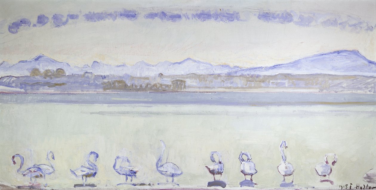 Neuf cygnes devant un paysage montagneux - Ferdinand Hodler