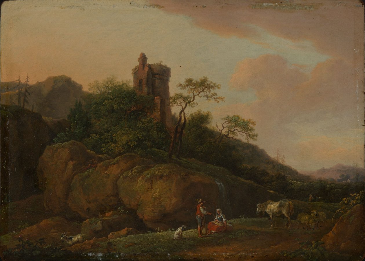 Ruines de château avec bergers et troupeau - Ferdinand Kobell
