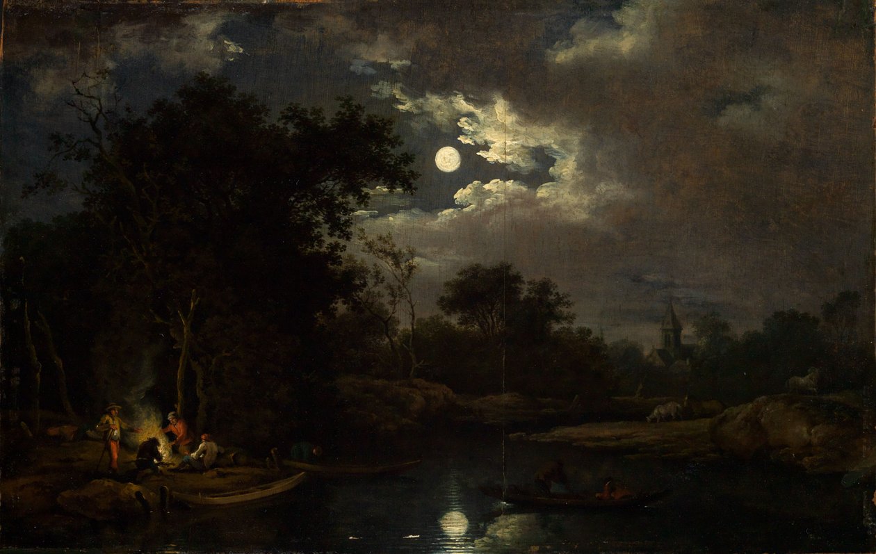 Paysage au clair de lune avec des pêcheurs autour d