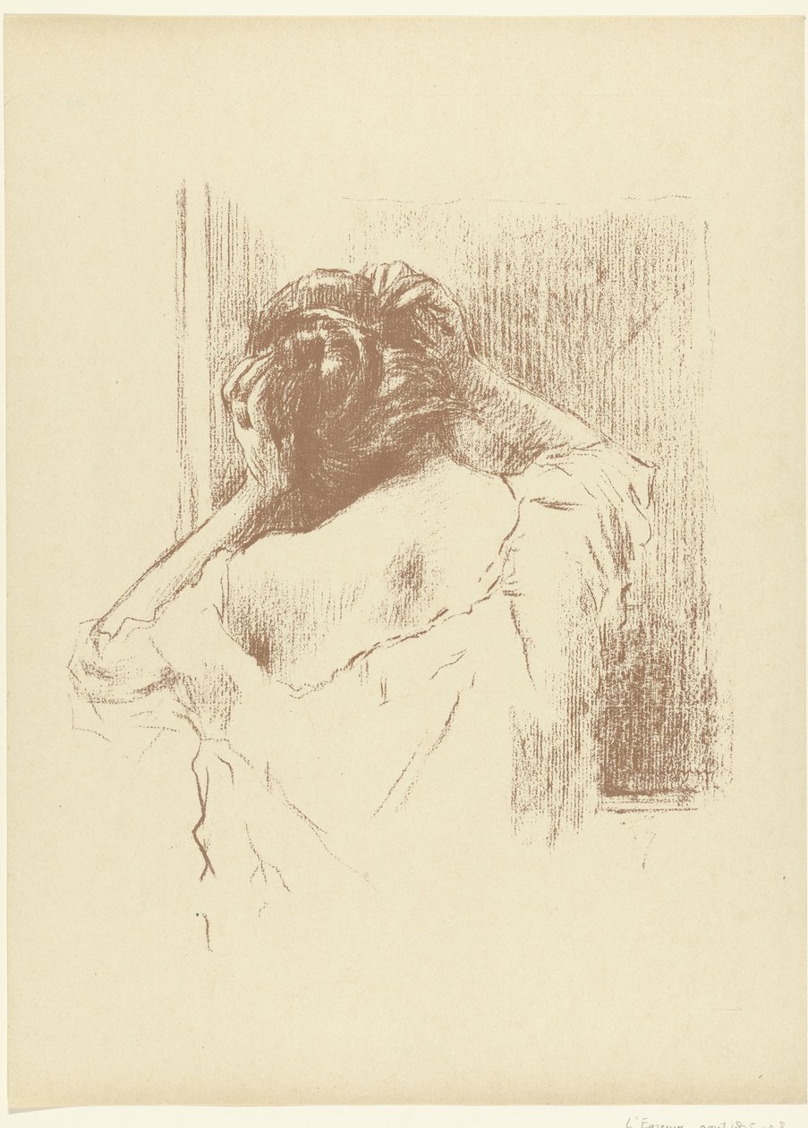 Femme devant un miroir se coiffant (L