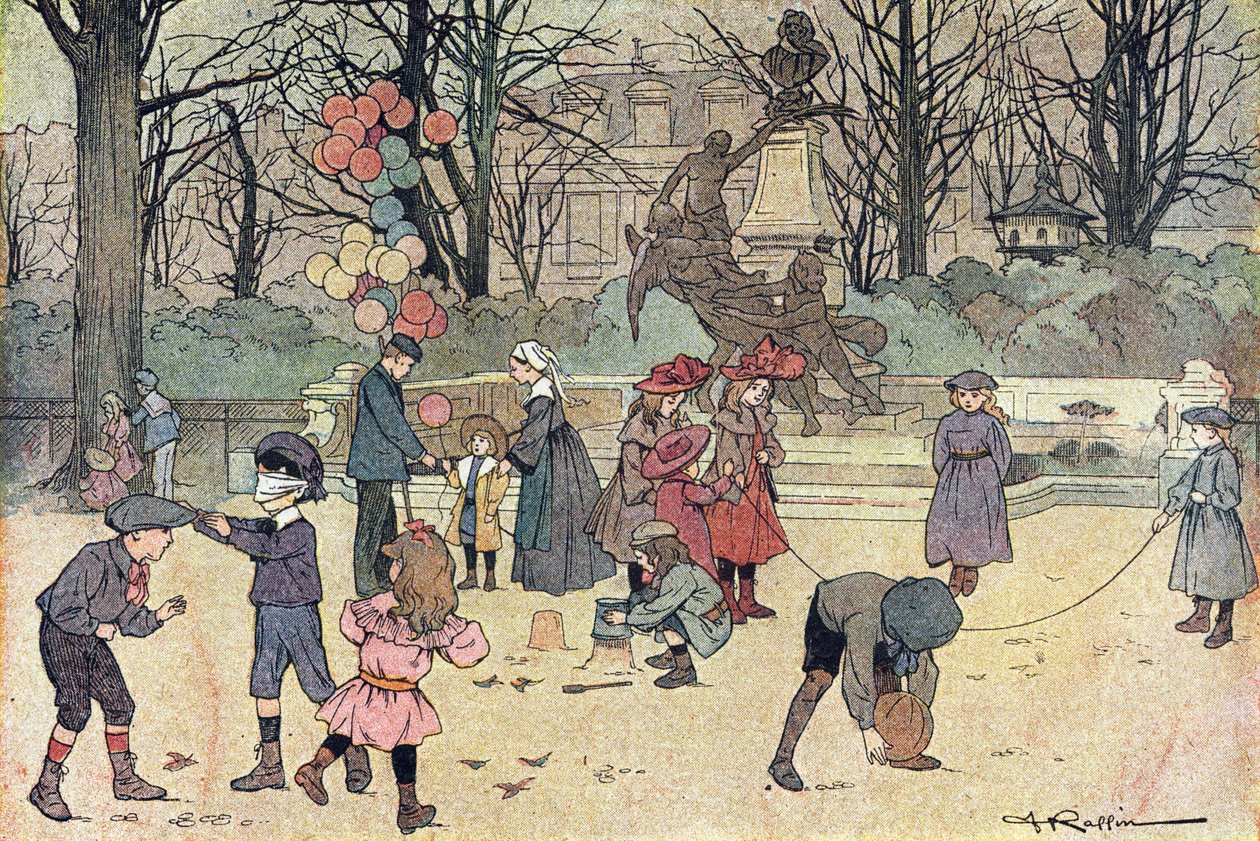 Jeux de colin-maillard, saut à la corde, ballon et sable dans le jardin public, dans Imagier de l