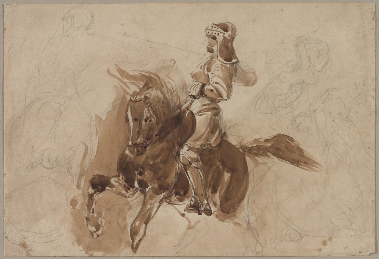 Figure armée à cheval recto, Cheval devant une grange verso, vers 1828 - Ferdinand Victor Eugene Delacroix