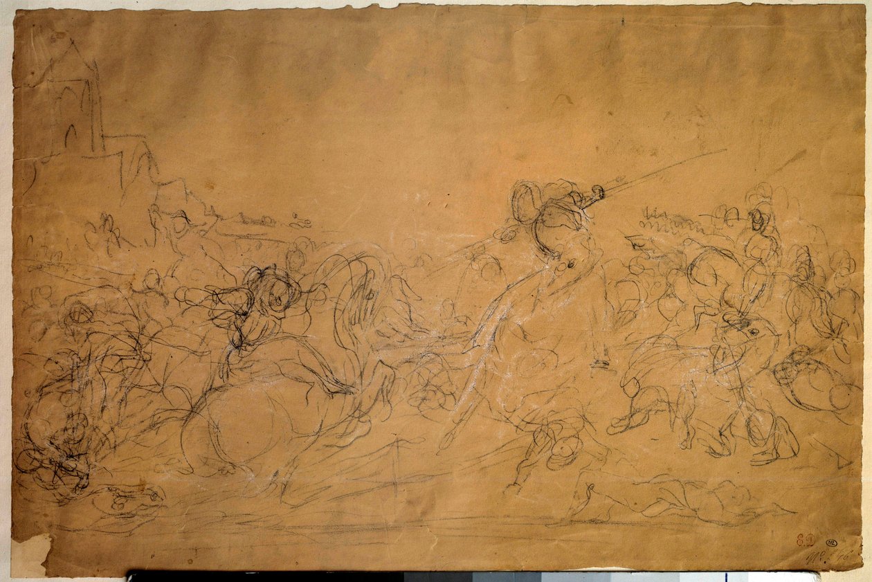 Scène de bataille Dessin sur papier saumon par Eugène Delacroix (1798-1863) 19ème siècle - Ferdinand Victor Eugene Delacroix