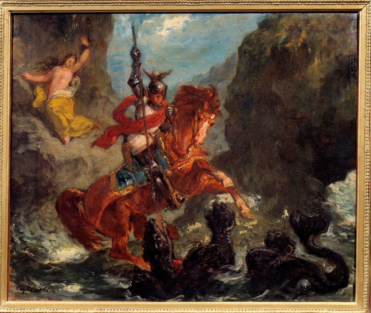 Roger délivrant Angélique. Illustration pour Orlando Furioso par Ludovico Ariosto. Peinture par Eugène Delacroix - Ferdinand Victor Eugene Delacroix