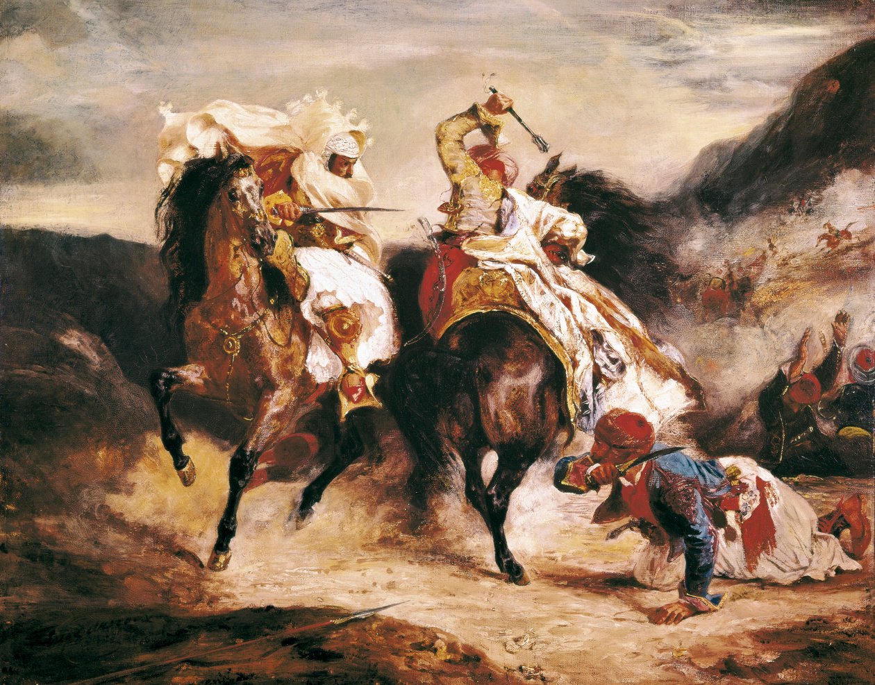 Le combat de Giaour et Pacha. Inspiré du poème de Lord Byron Le Giaour. Peinture orientaliste d