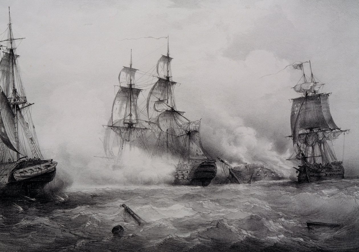 Combat entre navires de troisième rang britanniques et américains avec 74 canons, lithographie par Ferdinand Perrot - Ferdinand Victor Perrot