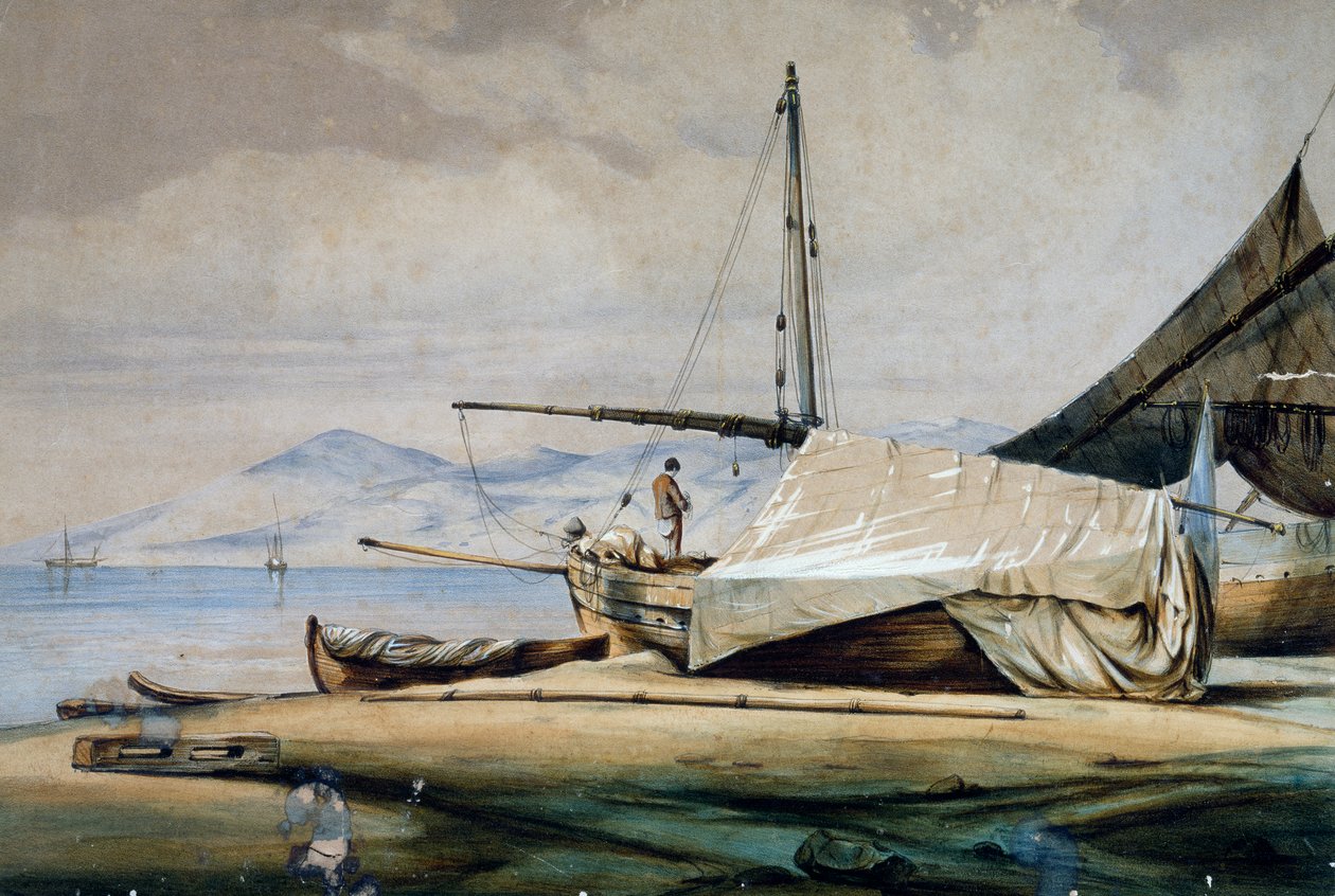 Leudi, bateau de pêche ligurien, lithographie en couleur de Ferdinand Perrot - Ferdinand Victor Perrot
