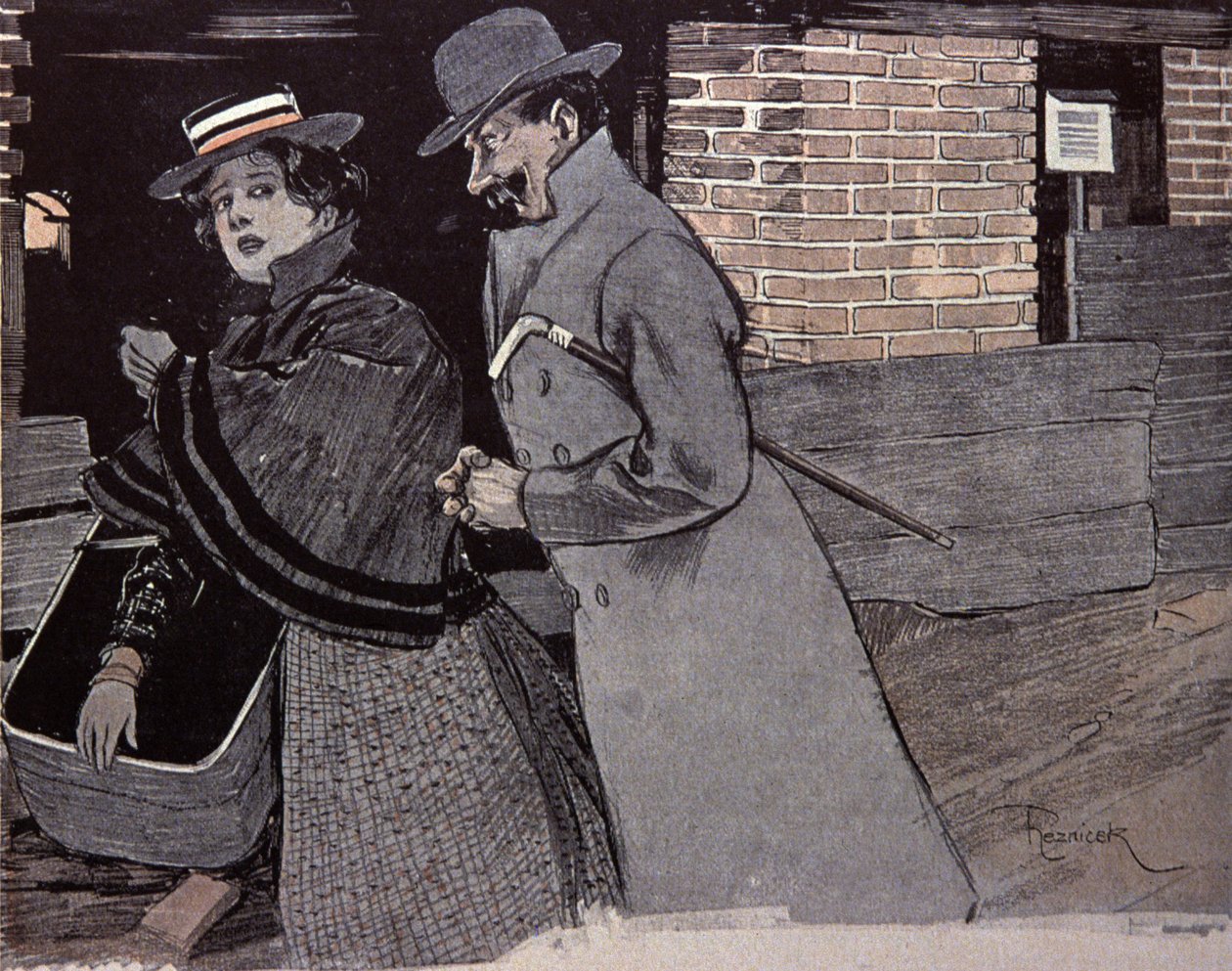 Homme harcelant une jeune femme. Illustration de F. Von Reznicek dans : Simplicissimus, Allemagne - Ferdinand von Reznicek