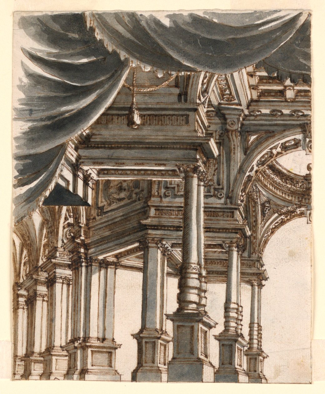 Décor de scène: Atrium du palais soutenu par des colonnes et des piliers - Ferdinando Galli Bibiena