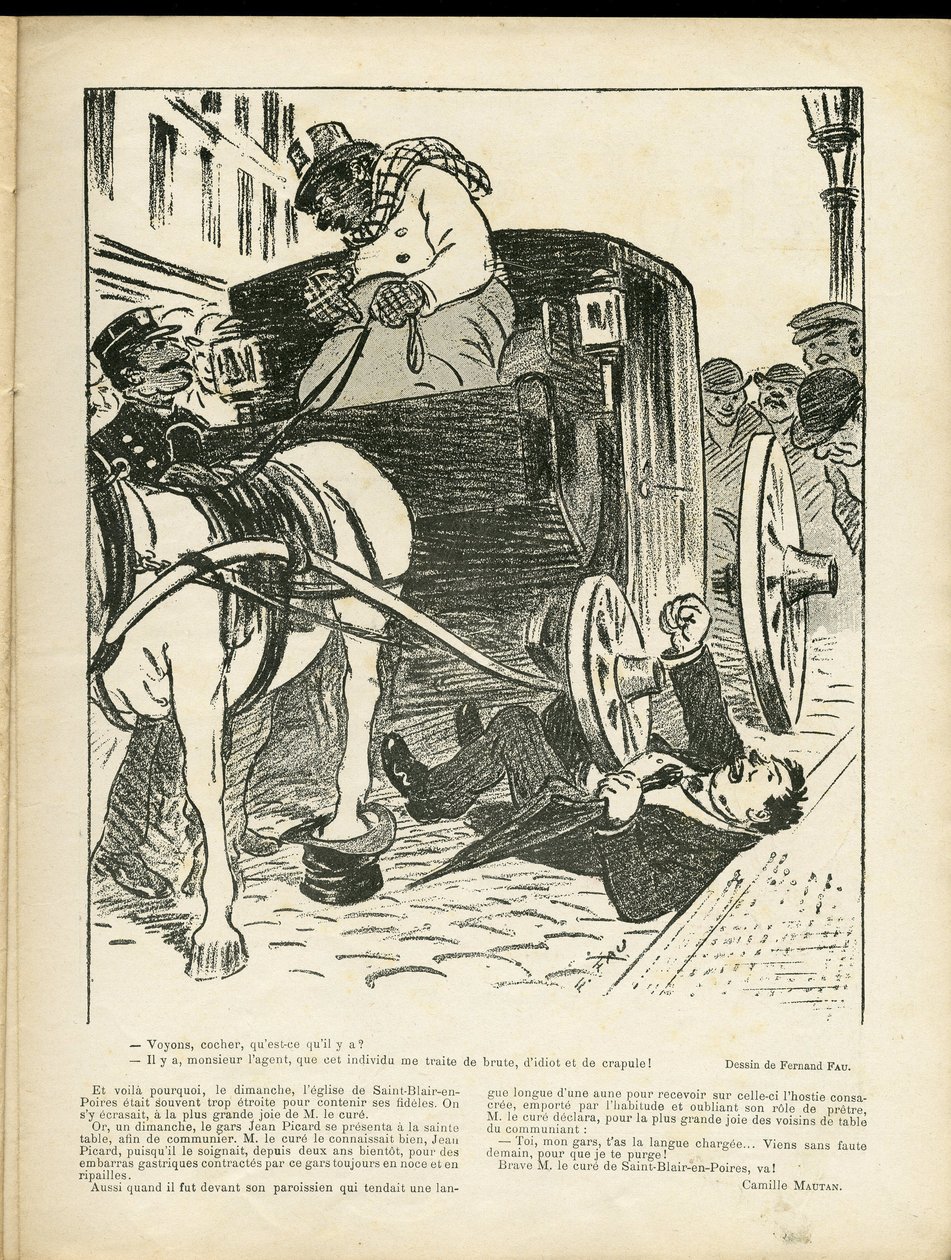 Illustration de Fernand Fau dans Le Rire, 29/02/08 - Métiers, Transport, Accidents de désastre, Calèche Fiacre Cab - Cochers Fiacres - Fernand Fau