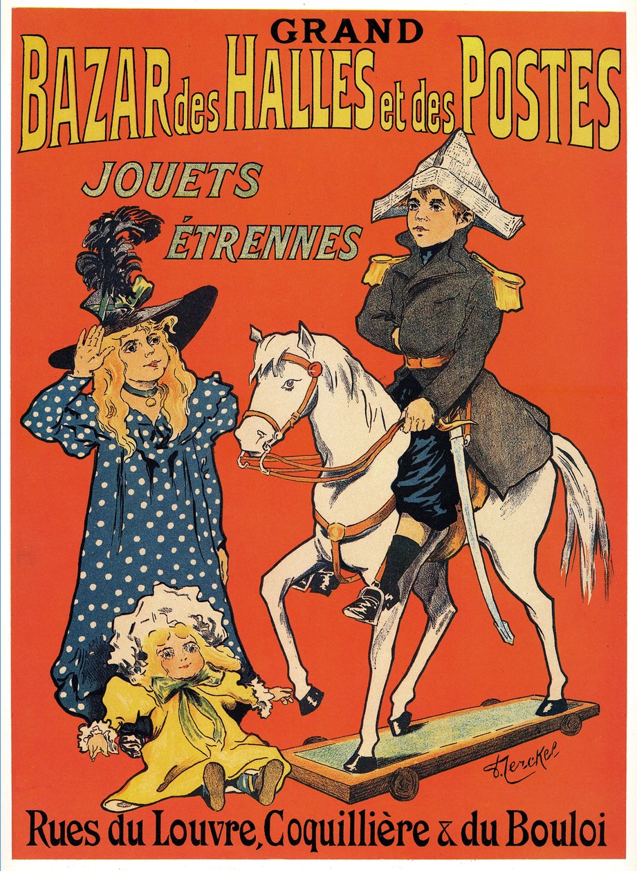 Affiche publicitaire pour le Grand Bazar des Halles et des Postes : Boutique de jouets et de jeux (Un petit Napoléon en bois, une sorcière et une poupée) Illustration de Fernand Fernel (Cerckel) (1872-1934) 1899 - Fernand Fernel