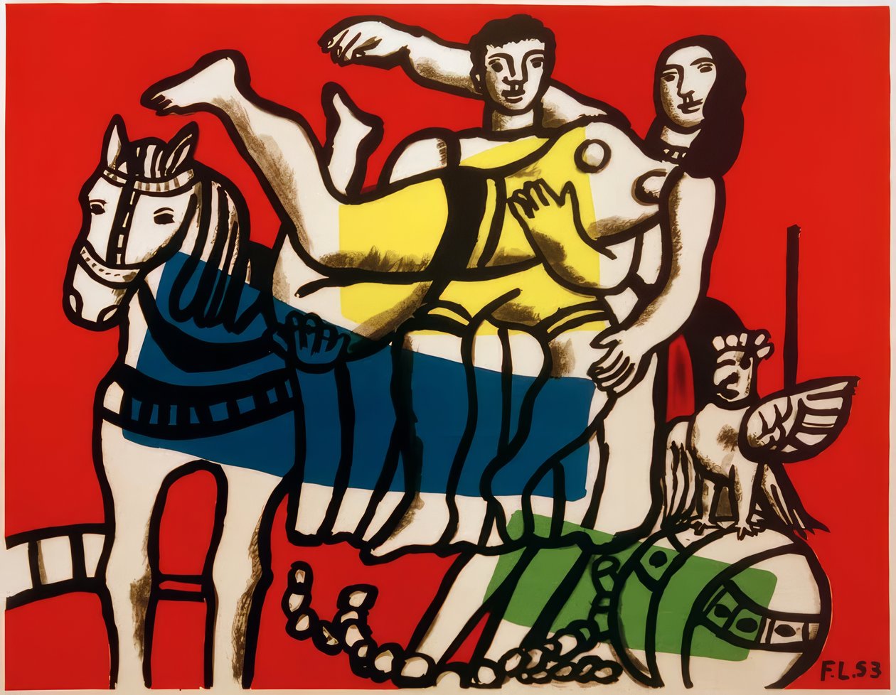 Cirque, artistes faisant de la voltige sur un cheval blanc - Fernand Leger