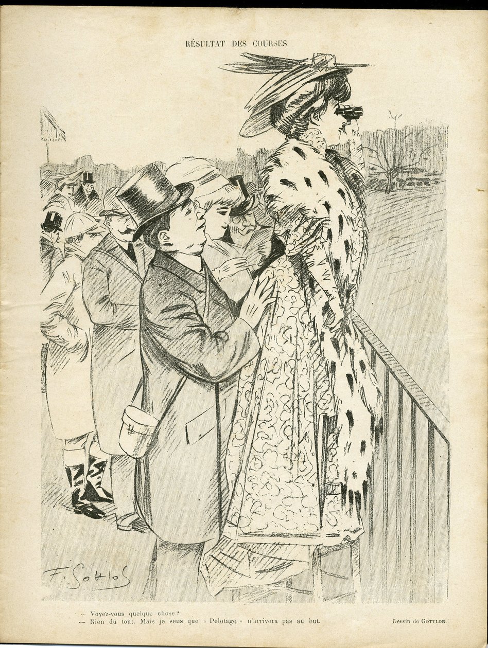 Illustration de Gottlob (1873-1935) dans Le Lire, 21/12/07 - Résultats des courses - Amour, Mode, Vie des riches, Hippisme - Femmes - Fernand Louis Gottlob