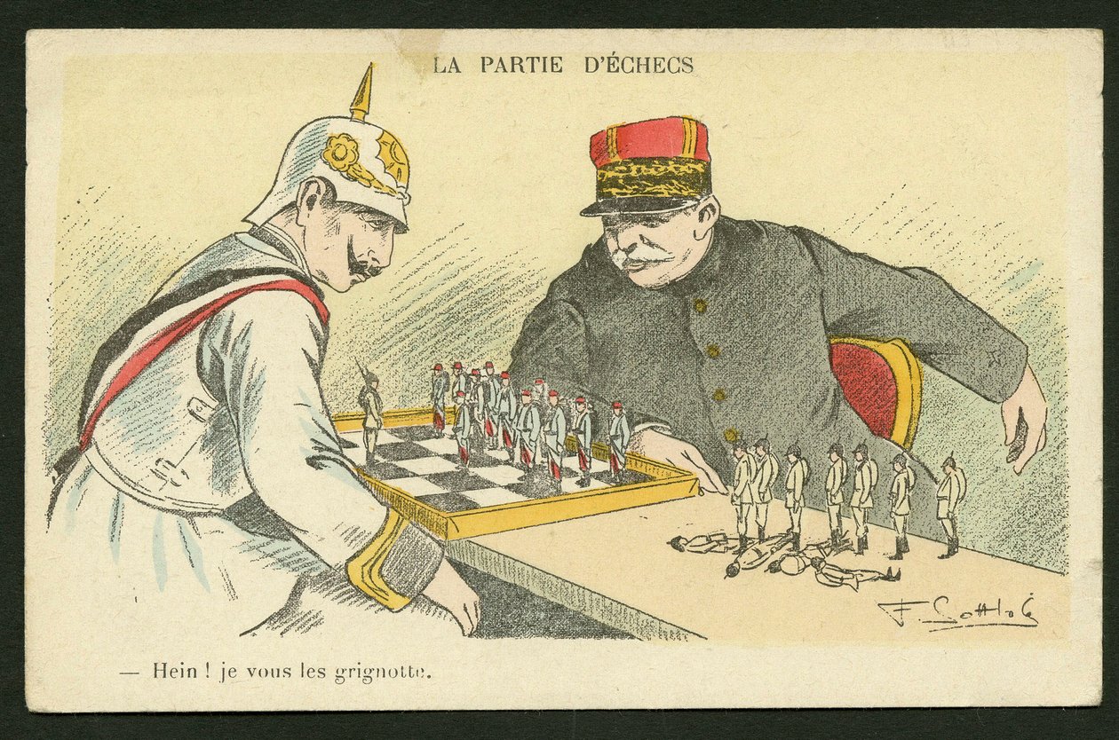 Carte postale, satirique en couleurs : Hein ! Je te grignote - Guerre de 14-18, Allemagne Prusse - Guillaume II, Joffre, soldats - Fernand Louis Gottlob