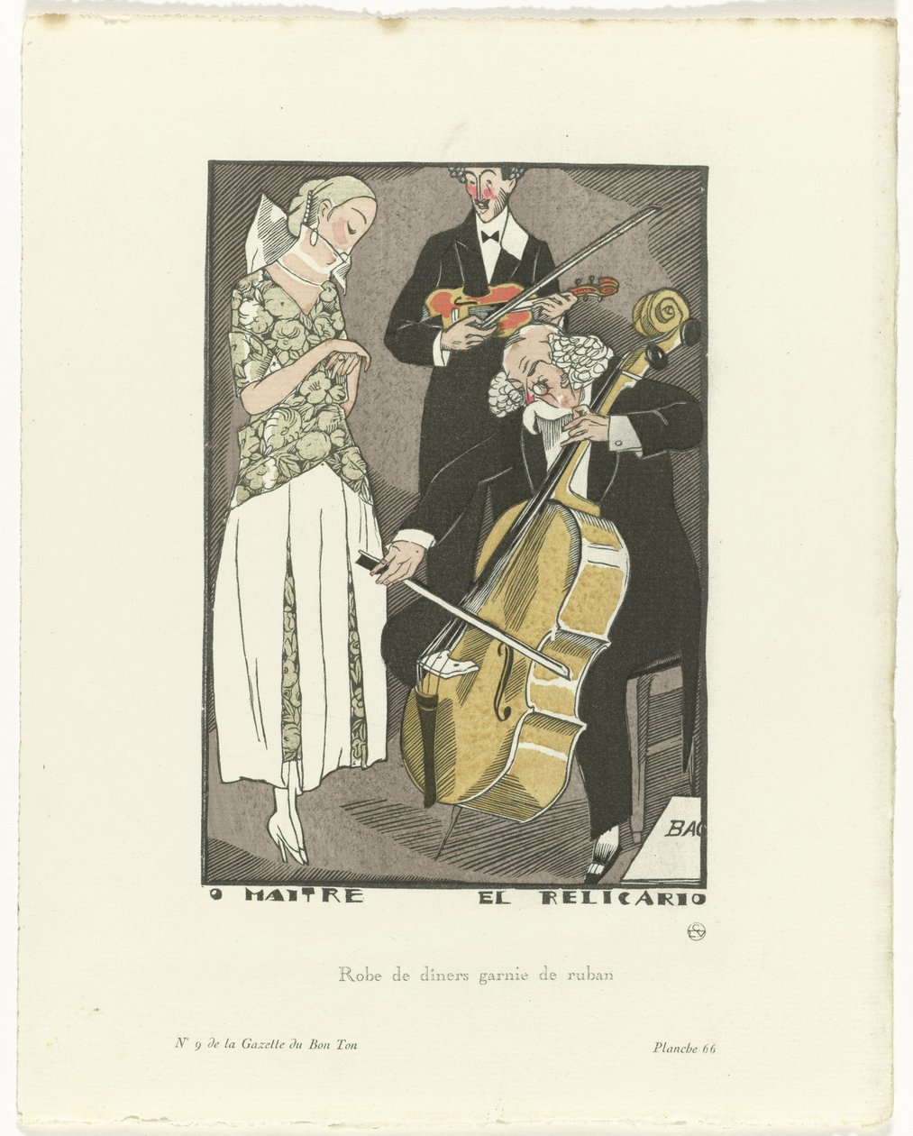 Gazette du Bon Ton, 1920 - No. 9, Pl. 66: O Maitre el Relicario / Robe de dîners garnie de ruban - Fernand Siméon
