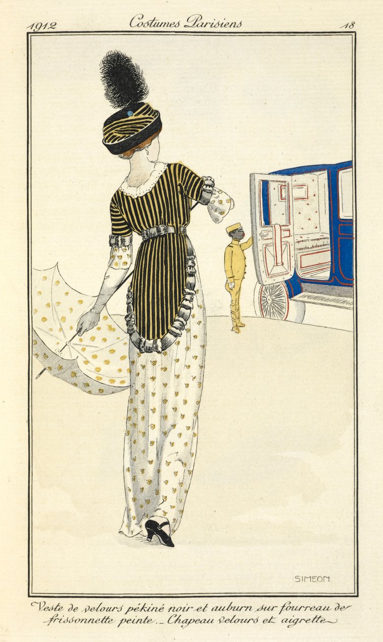 Veste de velours pékiné noir et auburn sur fourreau de frissonnette peinte. Chapeau velours et aigrette. - Fernand Siméon