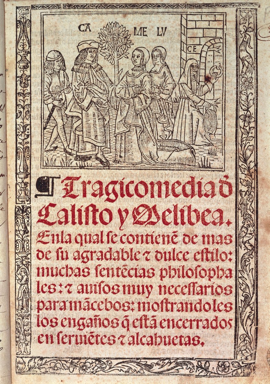 Miniature sur parchemin sur la couverture de La Célestine ou Tragicomédie de Calisto et Melibea, manuscrit espagnol de Fernando de Rojas, publié en 1531 - Fernando de Rojas