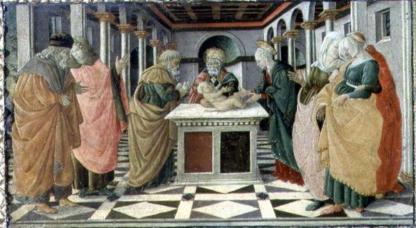 La Présentation au Temple, panneau de prédelle du retable de La Nativité au Museo Civico - Filippino (and workshop) Lippi