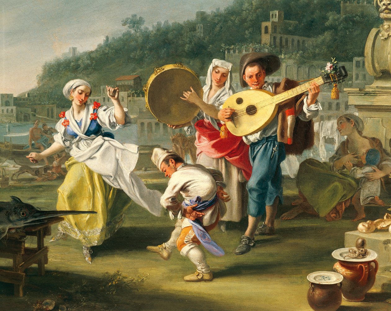 Tarantelle à Mergellina, ca 1750, par Filippo Falciatore (actif 1737-1768), huile sur toile, 76,2x102 cm, (détail), Italie - Filippo Falciatore