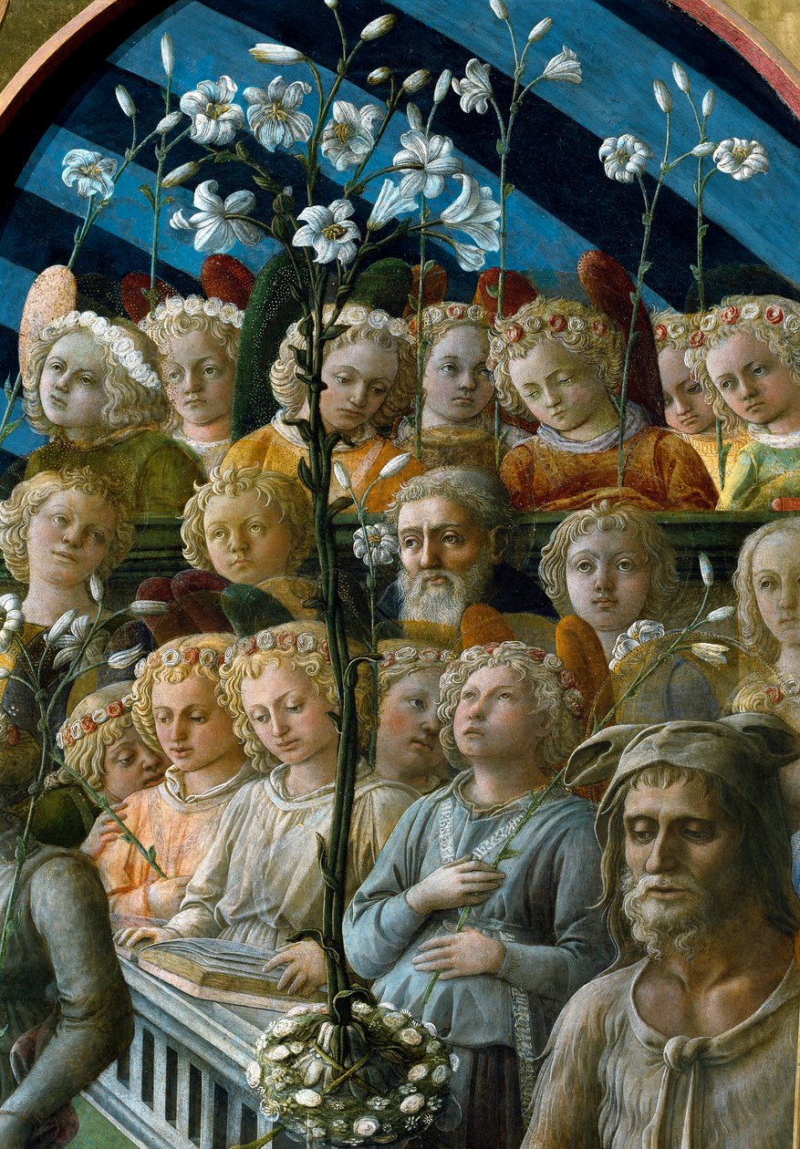 Le couronnement de la Vierge (détail) des anges choristes tenant des fleurs de lys. Le personnage en bas à droite est Saint Jean-Baptiste, saint patron de Florence. Peinture de Filippo Lippi (1457-1504) - Filippo Lippi