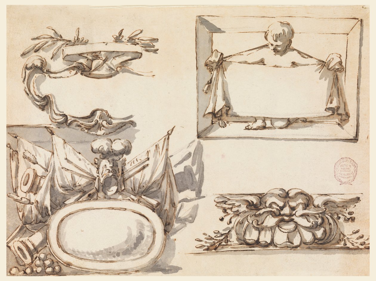 Dessin, Un écusson, un trophée, une étiquette, un motif décoratif pour une frise, 1750-75 - Filippo Marchionni
