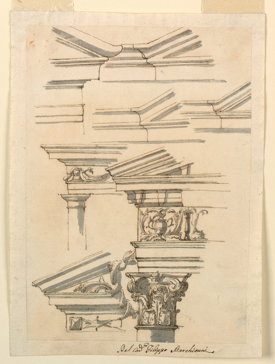 Dessin, Études pour les entablements et le fronton, vers 1770 - Filippo Marchionni