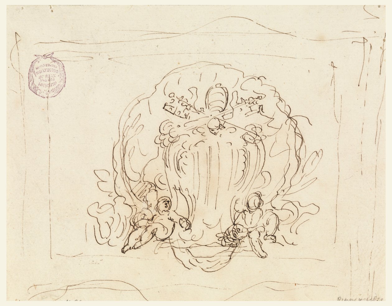 Dessin, Tablette portant les armoiries du pape Benoît XIV avec coquille en arrière-plan, 1740-58 - Filippo Marchionni