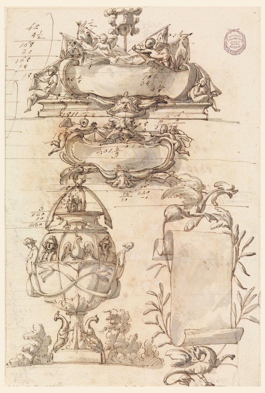 Dessin, deux écussons, un vase décoratif et une volute, 1750-75 - Filippo Marchionni