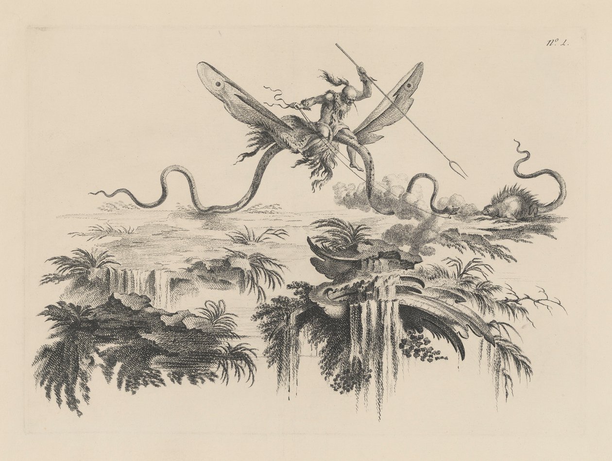 Un Sauvage monté sur un Serpent ailé combattant avec une bête sauvage ressemblant à un Porc-épic - Filippo Morghen